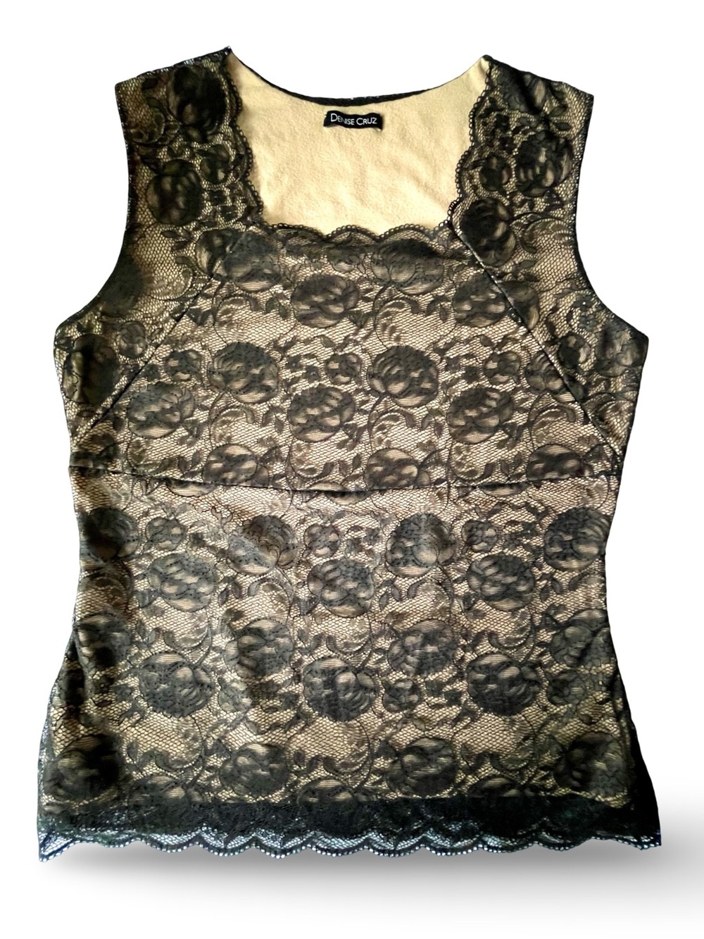 Denise Cruz Black Floral Lace Stretchy Tank Top Scalloped Trim SzL